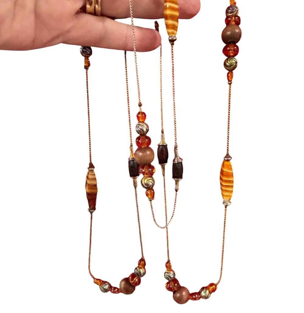 Vintage beaded necklace long single loop art glass beads gold chain brown tan